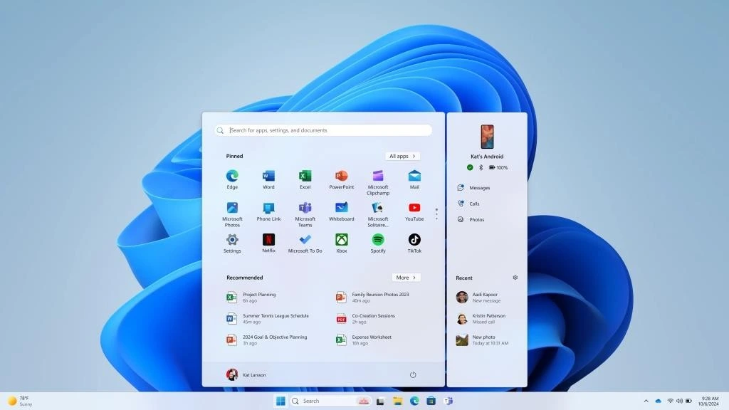 Windows 11 masaüstünde açık Başlat menüsü ve uygulama listesi