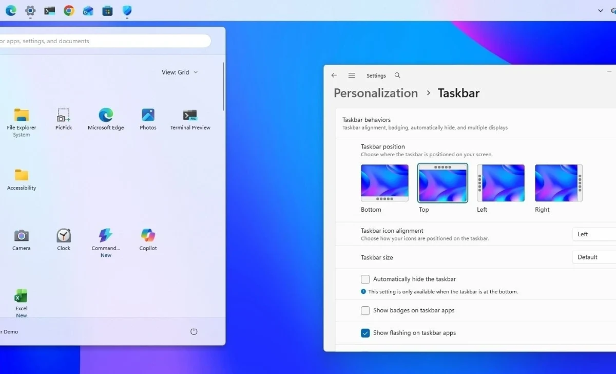 Windows görev çubuğu konum ve boyut seçeneklerini gösteren kişiselleştirme ekranı