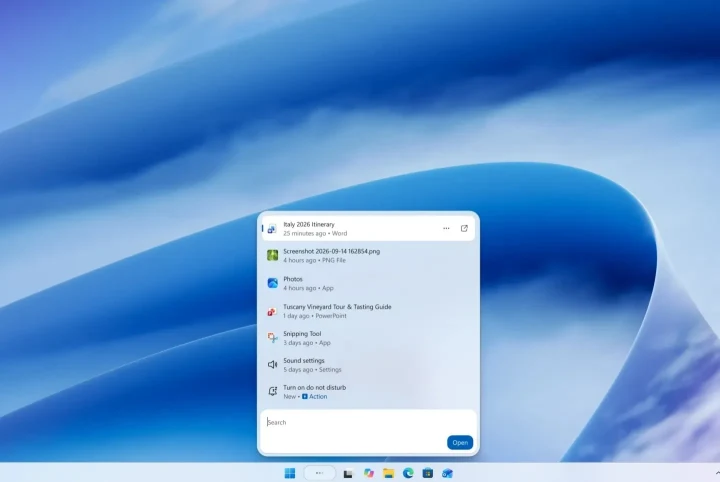 Windows 11 masaüstünde yenilenen arama arayüzü açık