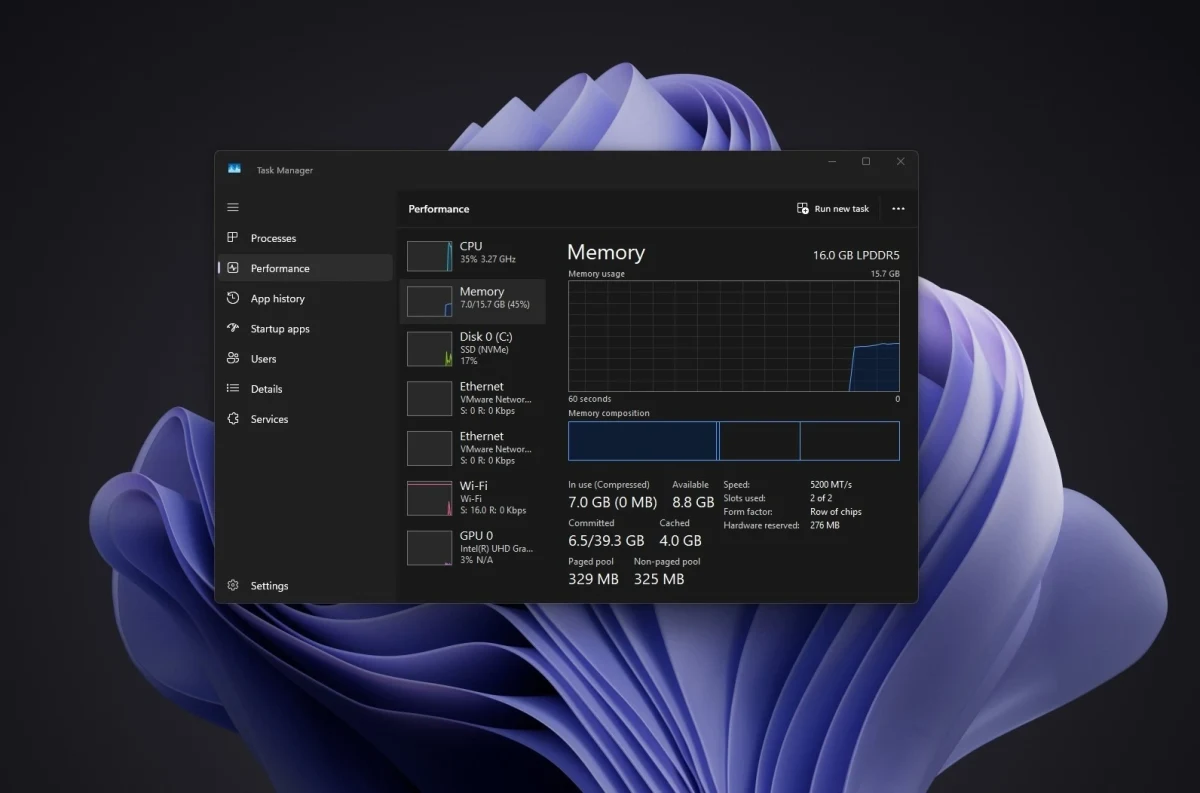 Windows Görev Yöneticisi’nde bellek performans grafiği