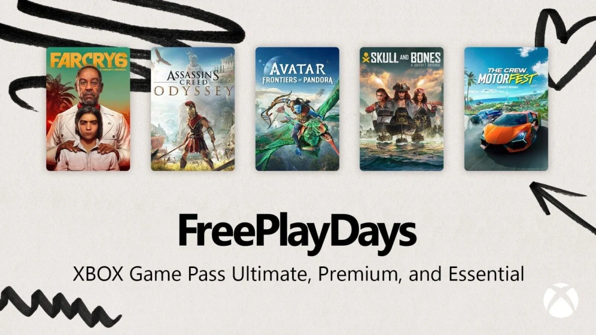 FARCRY 6, Assassin’s Creed Odyssey, Avatar: Frontiers of Pandora, Skull and Bones ve The Crew Motorfest oyunlarının kapakları; altında FreePlayDays yazısı yer alıyor