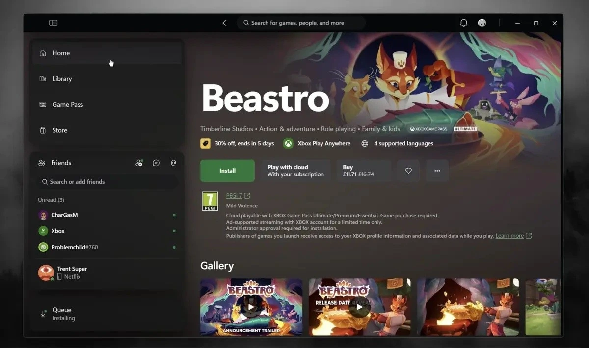 Xbox PC uygulamasında Beastro oyununun mağaza sayfası ve oyun ekran görüntüleri