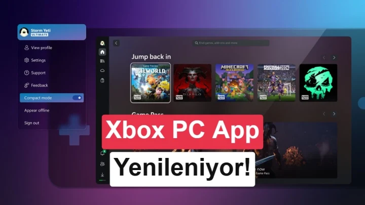 Xbox PC uygulamasının yenilendiğini duyuran kapak görseli ve oyun arayüzü