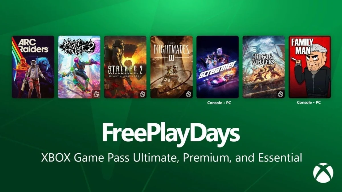 Xbox Ücretsiz Oyun Günleri tanıtım görselinde etkinliğe dahil olan yedi oyunun kapakları ve Game Pass abonelik bilgisi yer alıyor.