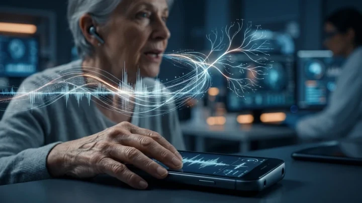 Yaşlı bir kişi akıllı telefona konuşurken ses dalgaları ve dijital analiz grafikleri