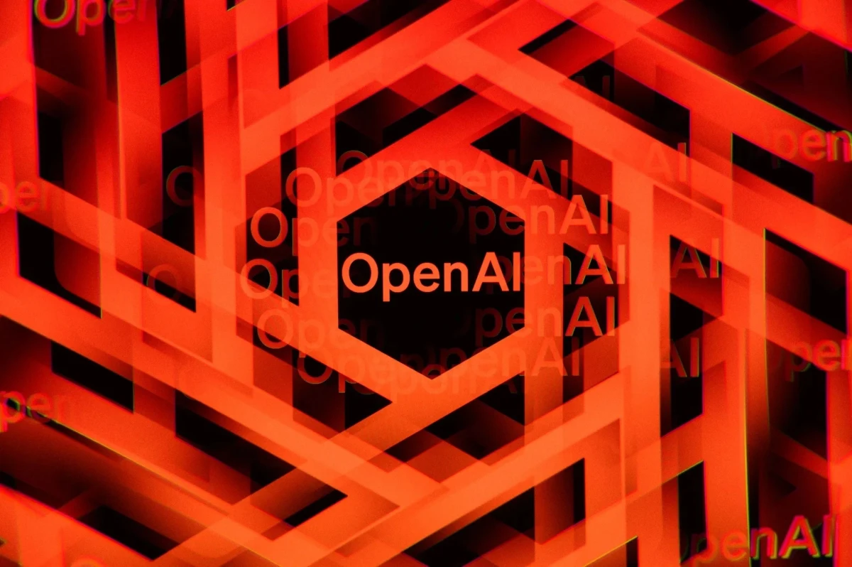 Kırmızı ve siyah geometrik desenler içinde OpenAI yazısı