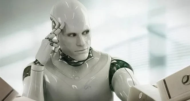 Bir robotun başını düşündüğünü ifade eder biçimde tutan illüstrasyon