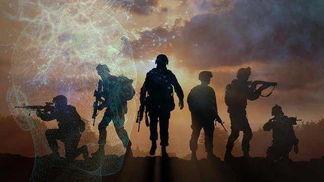 Savaş alanında asker siluetleri ve dijital ağ görünümü