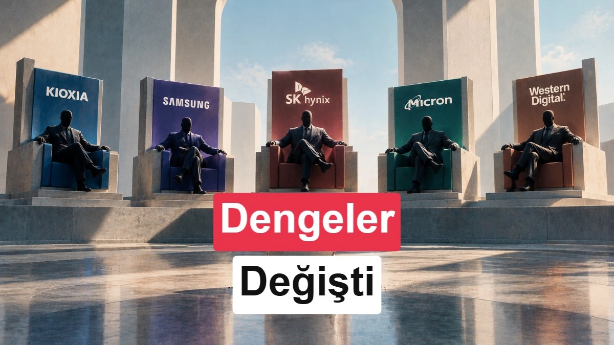 Kioxia, Samsung, SK hynix, Micron ve Western Digital logolarının önünde oturan figürler; görselde “Dengeler Değişti” yazısı