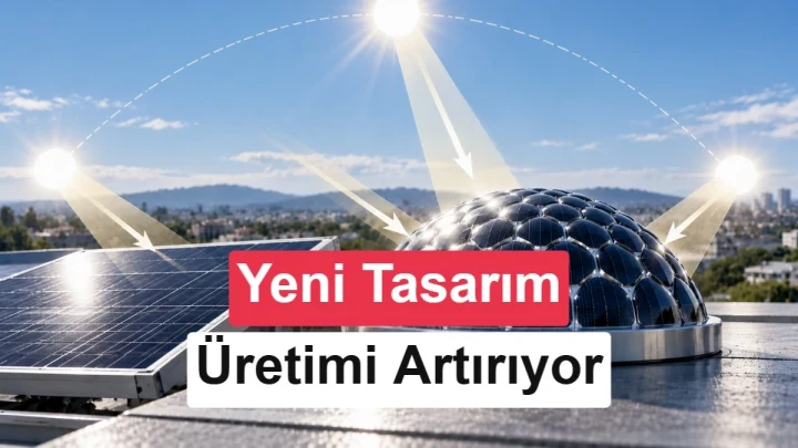 Güneş panelleri üzerinde yarım küre biçimli hücre tasarımını ve farklı yönlerden gelen güneş ışınlarını gösteren illüstrasyon