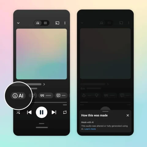 YouTube Music oynatıcısında yapay zekâ etiketi ve şarkının nasıl üretildiğine ilişkin açıklamayı gösteren illüstrasyon