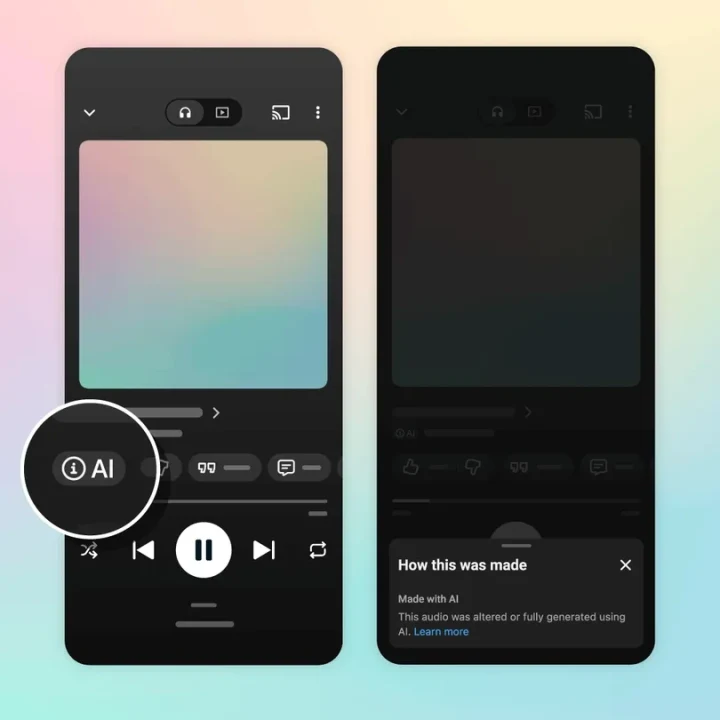 YouTube Music oynatıcısında yapay zekâ etiketi ve şarkının nasıl üretildiğine ilişkin açıklamayı gösteren illüstrasyon