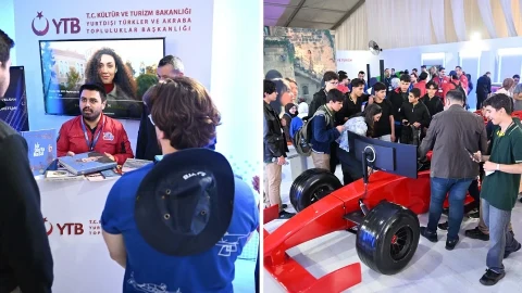 YTB standında öğrencilerle sohbet eden bir katılımcı ve teknoloji etkinliğindeki sergi alanı